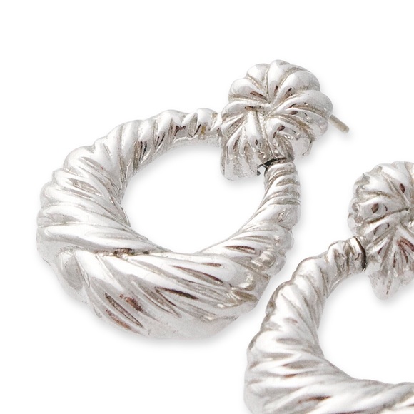 Vintage Vendome Doorknocker Earrings Textured Silver Tone Dangle Hoop - Picture 2 of 4